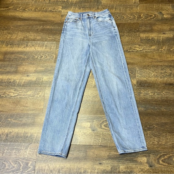 American Eagle Baggy Jeans Womens 2 High Rise Straight Leg Blue Denim Distressed - Picture 2 of 10